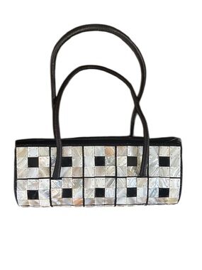 Vintage White Mother of Pearl & Black Buffalo Horn Tiled Barrel Purse Handbag